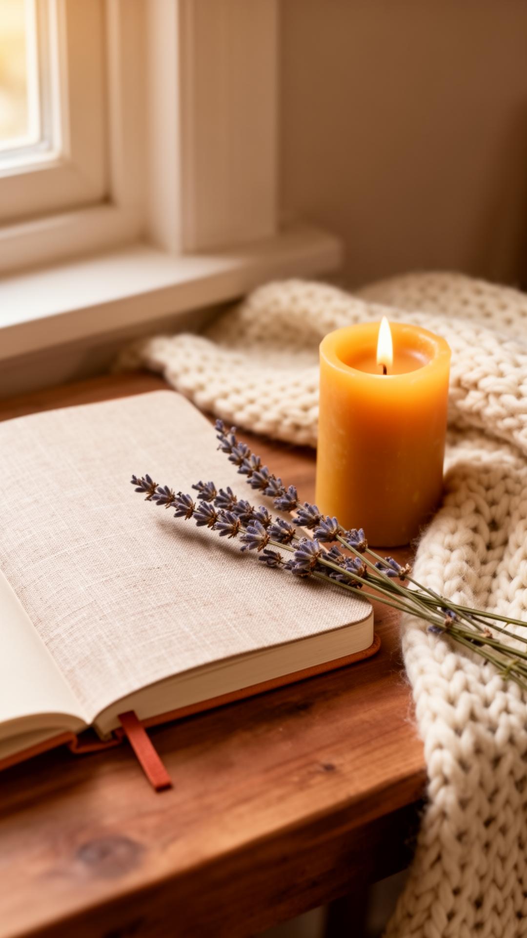 Open journal, beeswax candle and dried lavender in soft window light
