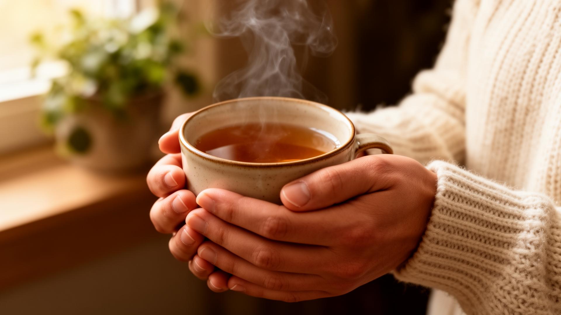 Hands cradling a warm cup of tea in soft golden light
