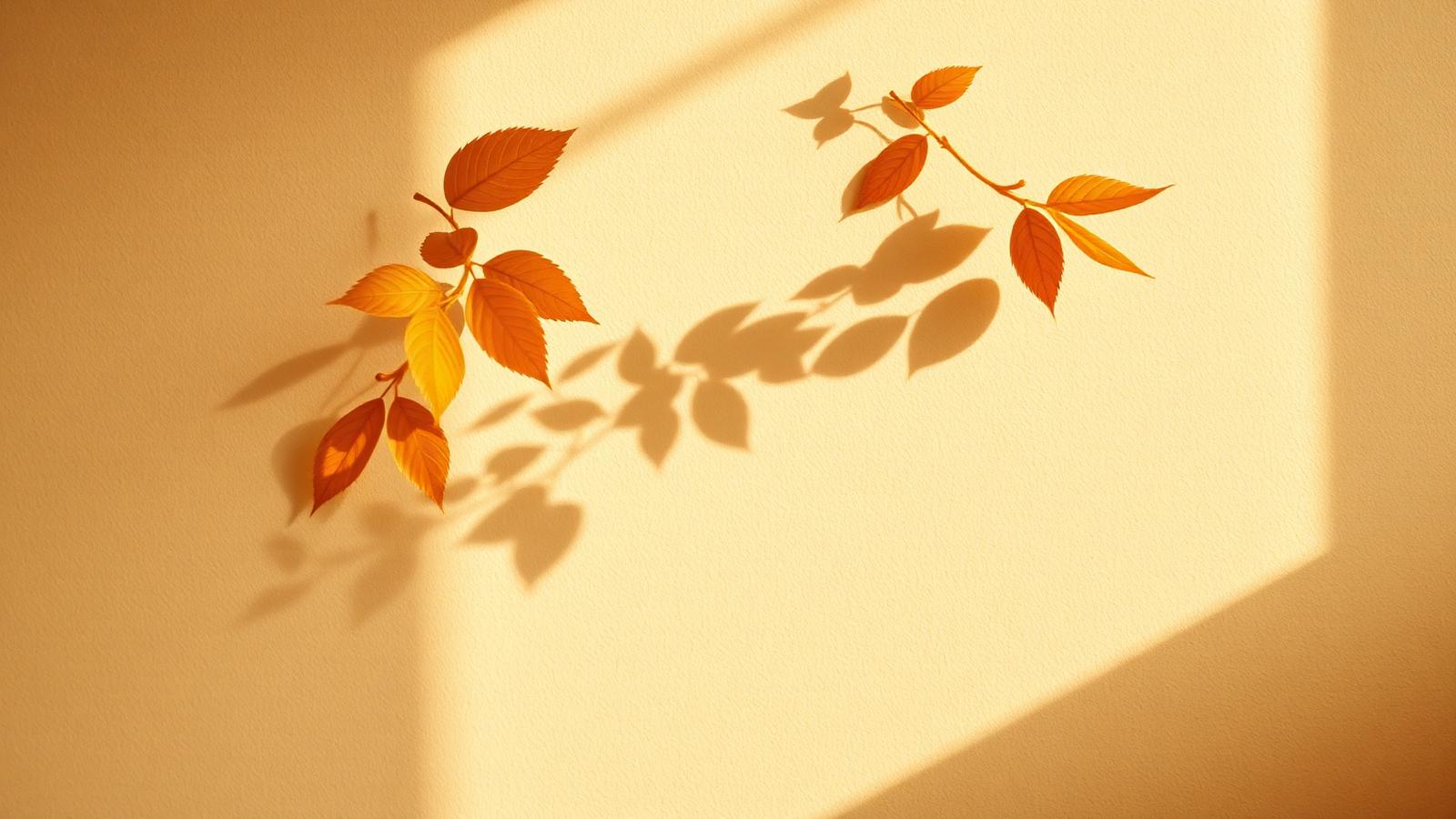 Warm golden light and soft leaf shadows on a cream wall
